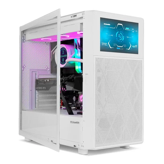 NOX Hummer BIOS Midi Tower para PC Gaming con Pantalla LCD 8" Personalizable, Frontal Mesh, Blanco, Compatible ATX, GPU hasta 395mm, 11 Ventiladores, USB 3.0 y USB-C