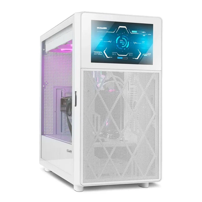 NOX Hummer BIOS Midi Tower para PC Gaming con Pantalla LCD 8" Personalizable, Frontal Mesh, Blanco, Compatible ATX, GPU hasta 395mm, 11 Ventiladores, USB 3.0 y USB-C