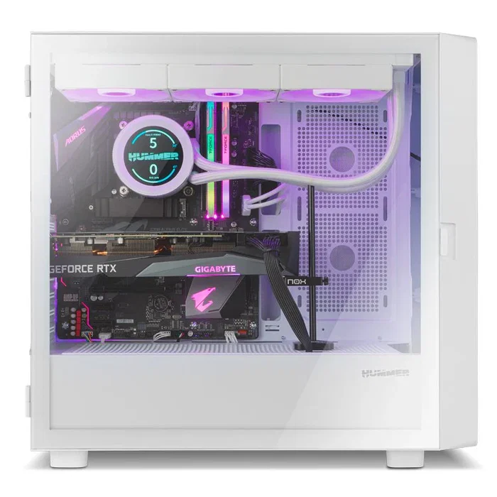 NOX Hummer BIOS Midi Tower para PC Gaming con Pantalla LCD 8" Personalizable, Frontal Mesh, Blanco, Compatible ATX, GPU hasta 395mm, 11 Ventiladores, USB 3.0 y USB-C