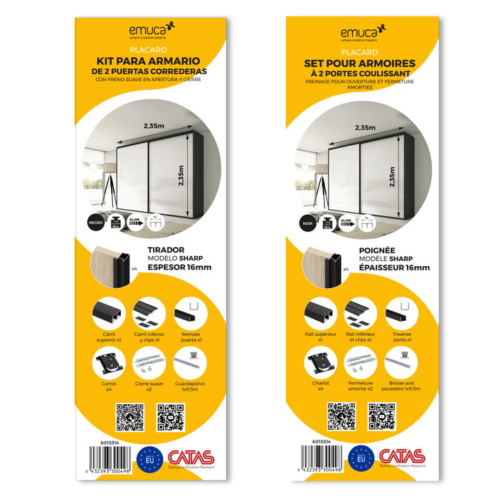 Emuca Kit de herrajes Placard 74 para armario de 2 puertas correderas, cierre suave y tirador Sharp, negro