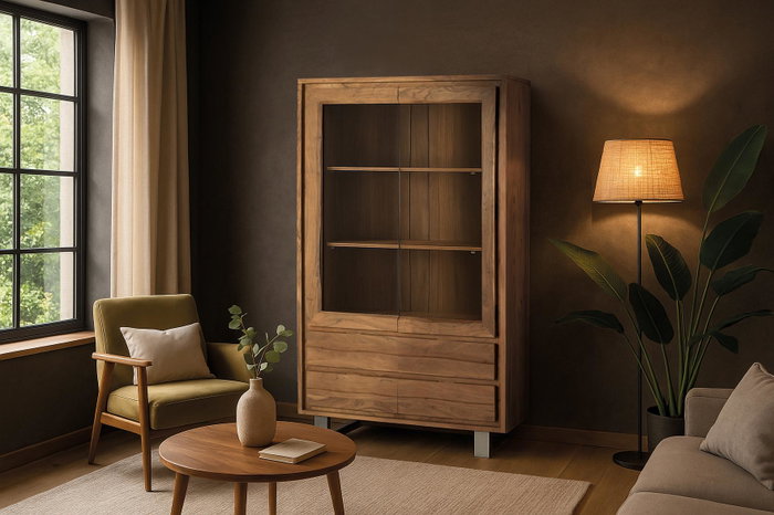 Giner y Colomer Vitrina de Madera Maciza de Acacia y Cristal, 190 cm, con 2 Puertas y 4 Cajones, Estructura Moderna con Patas Metálicas - Natural Giner y Colomer Vitrina de Madera Maciza de Acacia y Cristal, 190 cm, con 2 Puertas y 4 Cajones, Estructura Moderna con Patas Metálicas - Natural