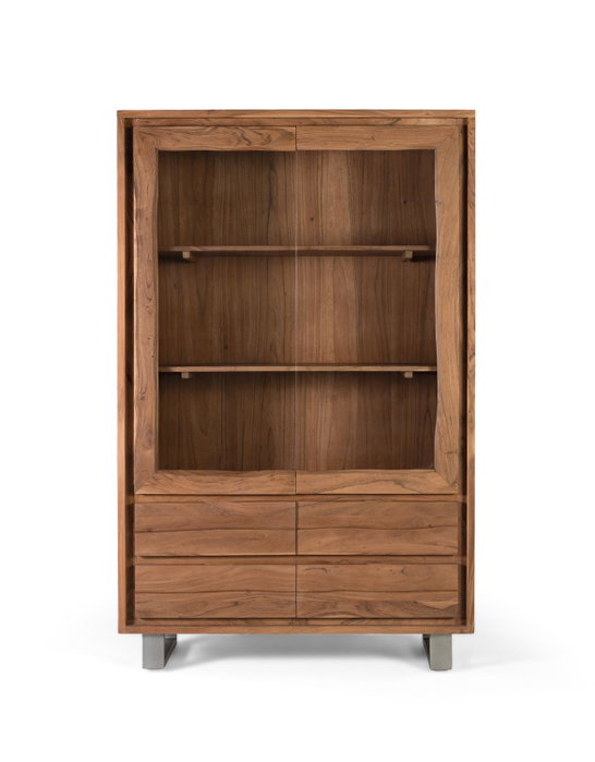 Giner y Colomer Vitrina de Madera Maciza de Acacia y Cristal, 190 cm, con 2 Puertas y 4 Cajones, Estructura Moderna con Patas Metálicas - Natural Giner y Colomer Vitrina de Madera Maciza de Acacia y Cristal, 190 cm, con 2 Puertas y 4 Cajones, Estructura Moderna con Patas Metálicas - Natural