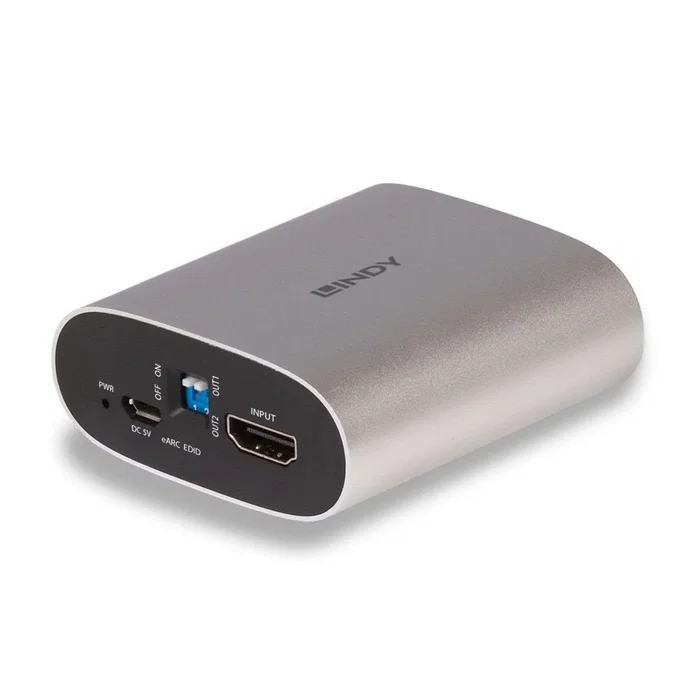 Lindy 38368 Extractor de Audio HDMI, Convertidor de Audio con 1 Entrada y 2 Salidas HDMI 2.0b, Soporte 4K a 60Hz, HDCP 2.2, Negro/Plata