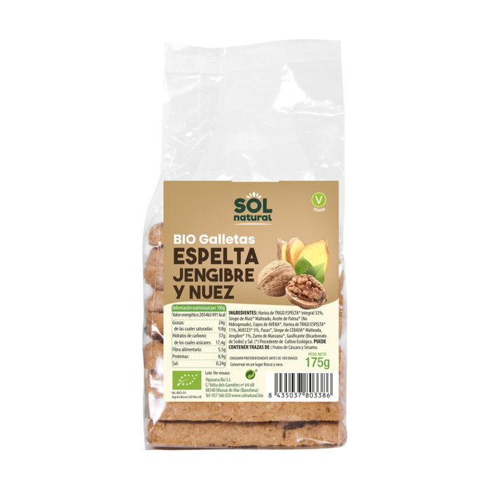 Sol Natural Galletas Ecológicas de Espelta, Jengibre y Nueces – 175g, Veganas Sol Natural Galletas Ecológicas de Espelta, Jengibre y Nueces – 175g, Veganas