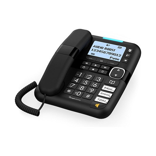 amplicomms BigTel 1580 Teléfono DECT Negro con Botones Grandes, Contestador, Identificador de Llamadas y Altavoz - Auricular Inalámbrico y Cable