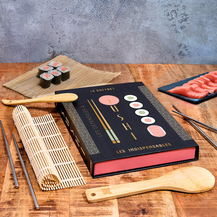 Cook Concept Caja-Libro 4 Piezas Para Sushi con Esterilla, Cuchara, Cuchillo de Bambú y Palillos de Acero Inoxidable