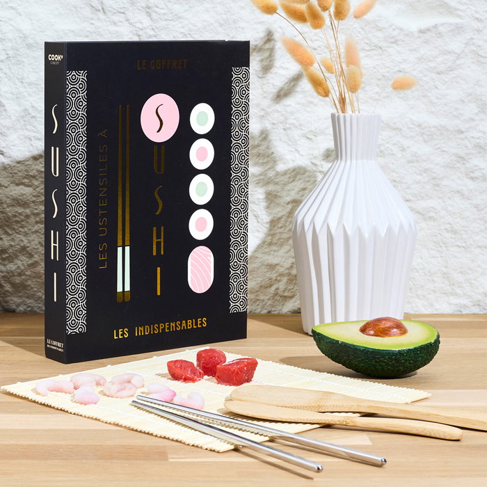 Cook Concept Caja-Libro 4 Piezas Para Sushi con Esterilla, Cuchara, Cuchillo de Bambú y Palillos de Acero Inoxidable