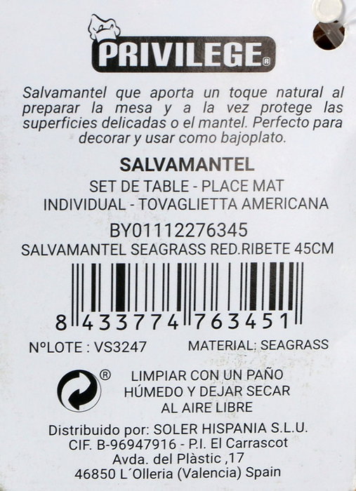 Privilege Salvamantel Seagrass Redondo con Ribete 45 cm (36 Unidades)
