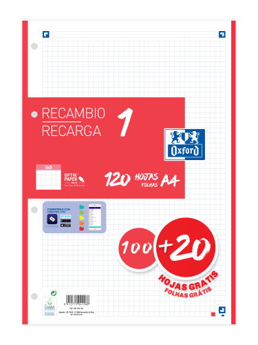 Oxford Recambio Classic A4 120 Hojas 90gr con Banda Roja y 4 Taladros