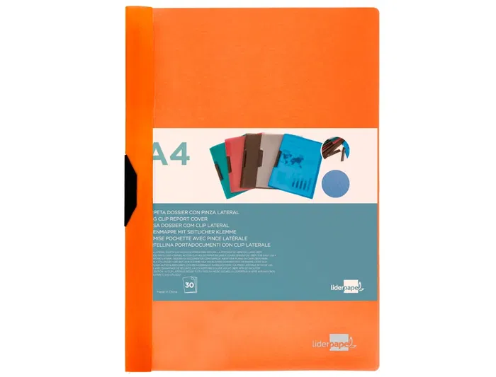 Liderpapel Dossier Pinza Lateral Polipropileno DIN A4 Naranja Fluor Opaco para 30 Hojas con Pinza Deslizante
