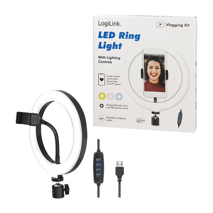 LogiLink Smartphone-Ringlicht de 20 cm con cable de 1.8 m