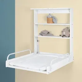 Roba Cambiador Plegable de Pared con Colchón Impermeable, 2 Estantes Integrados, Madera Lacada en Blanco