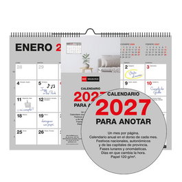 MIQUELRIUS Calendario de pared Basic mensual para escribir 2027 A5