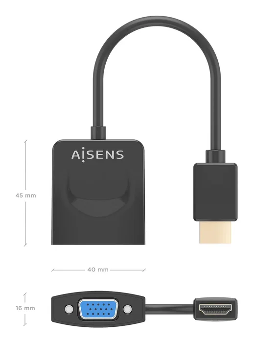 AISENS A122-0947 Adaptador HDMI a VGA (D-Sub) Macho-Hembra, 15 cm, Resolución 1080p/1600x1200, Plug and Play, HDCP 1.2