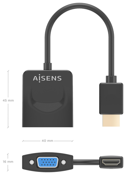 Aisens Conversor HDMI a SVGA, HDMI Macho a SVGA Hembra, Negro, 15cm