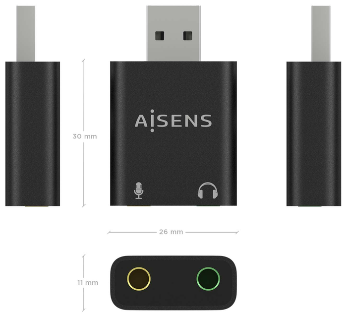 Aisens Conversor USB-A a Audio 48KHz con 2x Jack 3.5mm Negro