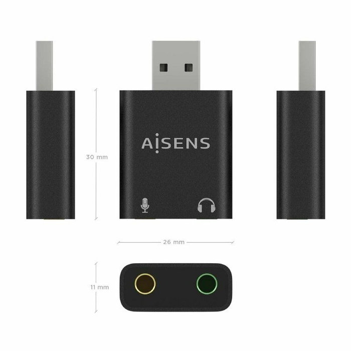 Aisens Conversor USB-A a Audio 48KHz con 2x Jack 3.5mm Negro
