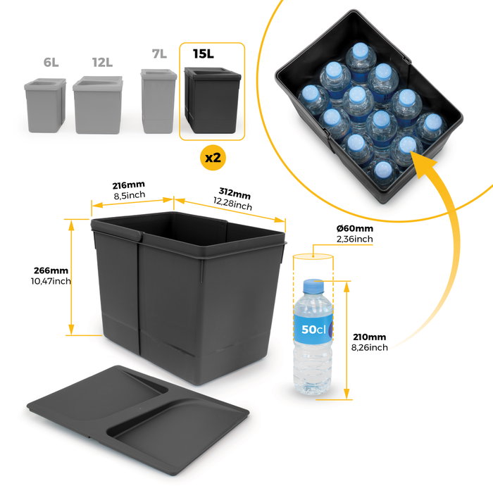 Emuca Kit de contenedores de reciclaje Recycle, 2x15L y 2x7L, Negro
