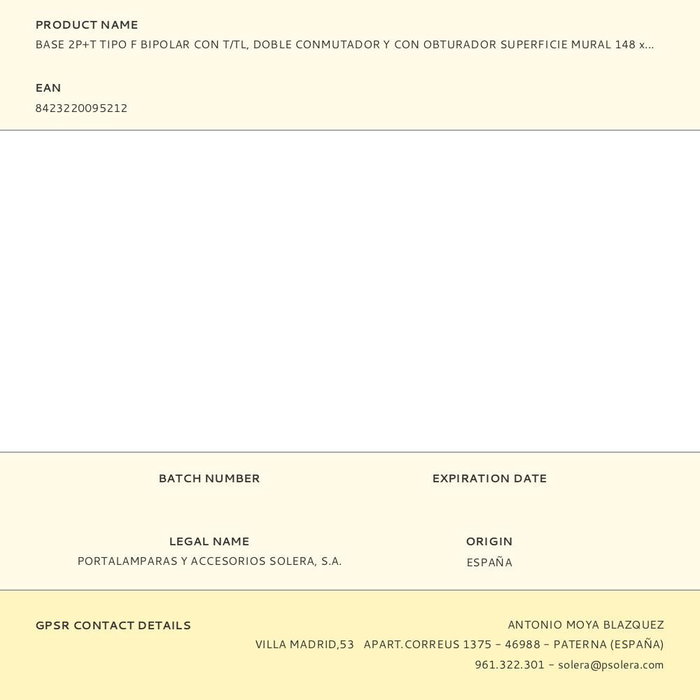 Solera MUR36U Base 2p+t Tipo F Bipolar con Doble Conmutador y Obturador Superficie Mural 148 x 72 x 42 mm Blanco