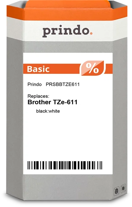 Prindo Cinta mecanográfico TZe-611 Negro sobre blanco para Brother TZe-611 Prindo Cinta mecanográfico TZe-611 Negro sobre blanco para Brother TZe-611