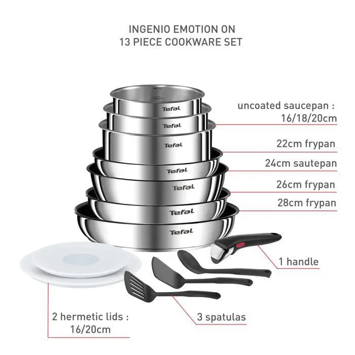 Tefal Ingenio Kitchen Battery 13 PCS, inducción, acero inoxidable, no palo sostenible, emoción en L897DS04