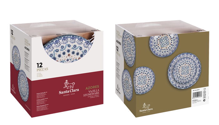 Santa Clara Vajilla 12 Piezas Azores Monaco, Brillo, Forma Redonda, Plato Llano 26 cm, Plato Hondo 21 cm, Plato Postre 20 cm (2 Unidades)