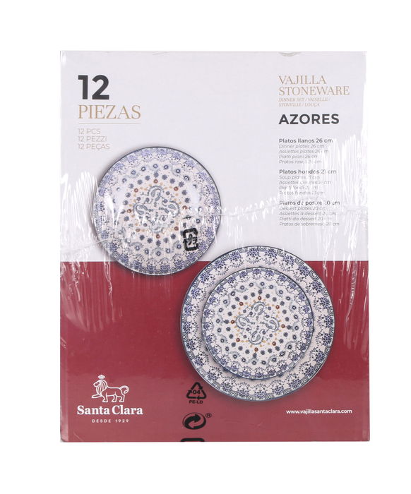 Santa Clara Vajilla 12 Piezas Azores Monaco, Brillo, Forma Redonda, Plato Llano 26 cm, Plato Hondo 21 cm, Plato Postre 20 cm (2 Unidades)