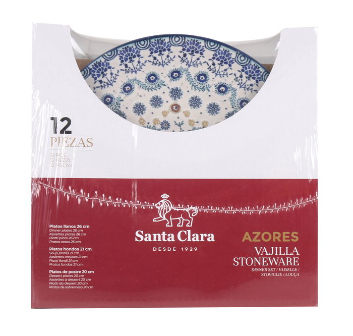 Santa Clara Vajilla 12 Piezas Azores Monaco, Brillo, Forma Redonda, Plato Llano 26 cm, Plato Hondo 21 cm, Plato Postre 20 cm (2 Unidades)
