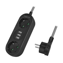 LogiLink Regleta con 2 tomas CEE 7/3 y 3 puertos USB-A, cable textil