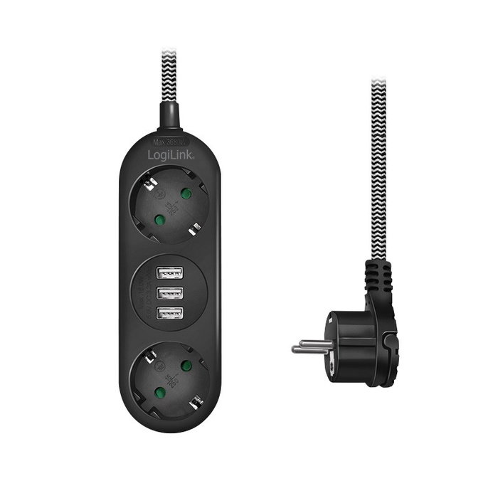 LogiLink Regleta de 2 Tomas CEE 7/3 y 3 Puertos USB-A con Cable Textil