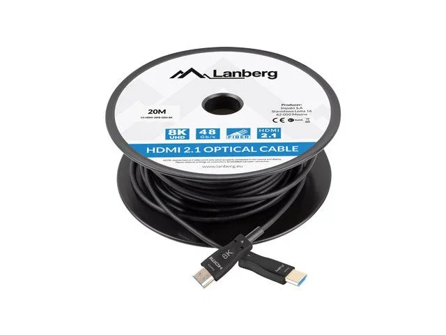 Lanberg Cable HDMI 2.1 Óptico (AOC) 20m, 8K 48Gbps 240Hz HDR10+, Conectores Macho Dorados, Modelo CA-HDMI-30FB-0200-BK