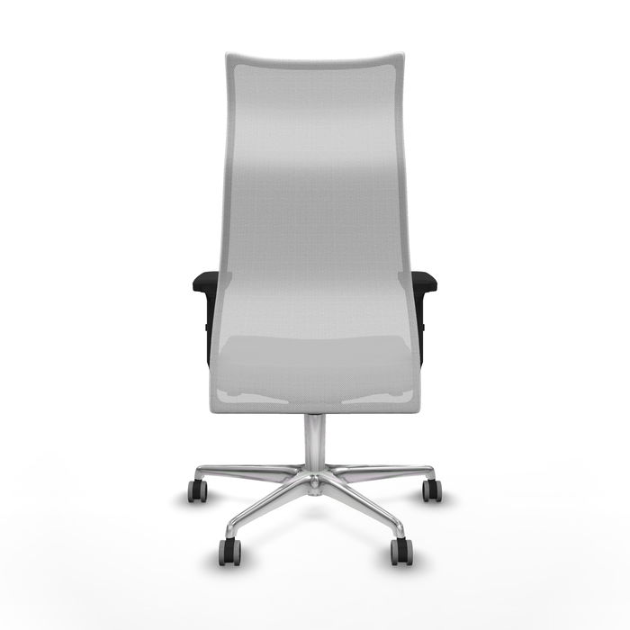 Sillón Albacete con mecanismo Sincro tapizada con Similpiel color Gris y malla color Blanco. Equipado con Base aluminio, Brazos 2D y Ruedas 65 mm parqué