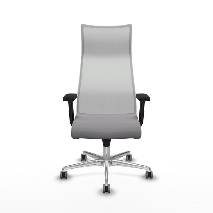 Sillón Albacete con mecanismo Sincro tapizada con Similpiel color Gris y malla color Blanco. Equipado con Base aluminio, Brazos 2D y Ruedas 65 mm parqué