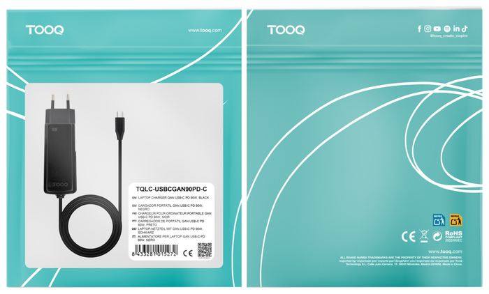 Tooq Cargador de Portátil GaN USB-C PD 90W Negro