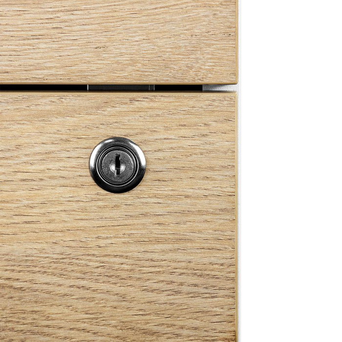 Phoenix - Cajonera de Oficina 2 Cajones, Gama Artisan, Combinación Blanco y Madera Natural, con Ruedas y Cajón con Llave, 40x54.5x44.2 cm (52 cm con ruedas)