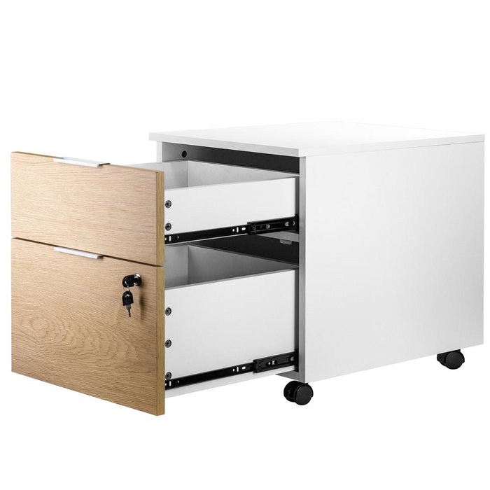 Phoenix - Cajonera de Oficina 2 Cajones, Gama Artisan, Combinación Blanco y Madera Natural, con Ruedas y Cajón con Llave, 40x54.5x44.2 cm (52 cm con ruedas)