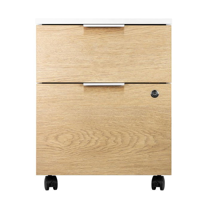 Phoenix - Cajonera de Oficina 2 Cajones, Gama Artisan, Combinación Blanco y Madera Natural, con Ruedas y Cajón con Llave, 40x54.5x44.2 cm (52 cm con ruedas)