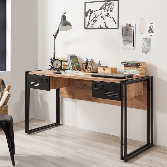 Hanah Home COSMO-TKM.10 Conjunto de Muebles para Sala de Estudio en Pino Atlántico y Negro con Tablero de Partículas Melaminado y Estructura Metálica