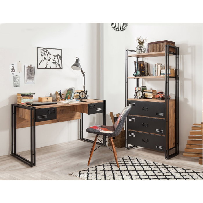 Hanah Home COSMO-TKM.10 Conjunto de Muebles para Sala de Estudio en Pino Atlántico y Negro con Tablero de Partículas Melaminado y Estructura Metálica