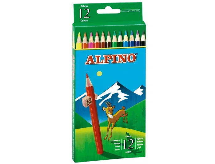 Alpino Lápices de Colores 654 Caja de 12 Colores Largos, Madera Hexagonal, Alta Calidad, Mina 3mm, Colores Vivos, Estuche Cartón