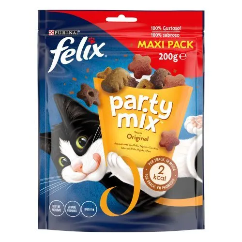 Purina Felix Party Mix Original Mix Maxipack, Snacks para Gato Sabor Pollo, Hígado y Pavo, 5x200g Purina Felix Party Mix Original Mix Maxipack, Snacks para Gato Sabor Pollo, Hígado y Pavo, 5x200g