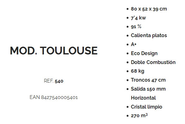 Toulouse 540 Ecodesign Estufa de Leña con Calientaplatos sin Posterior 150
