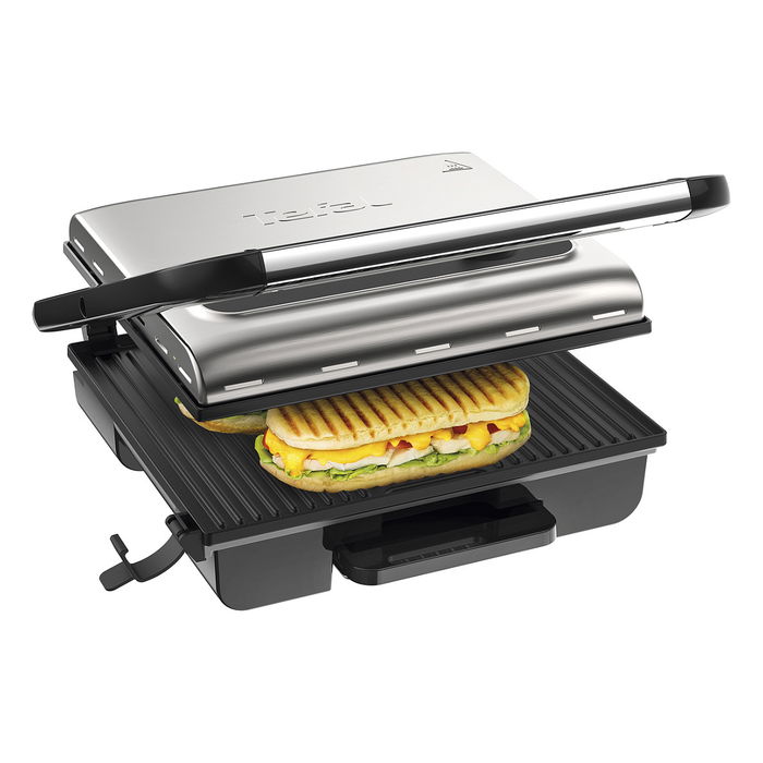 Tefal Tischgrill Inicio GC242D12, Grill de Mesa Negro y Acero Inoxidable, 740 cm², 2000W, Tapa con Bisagra