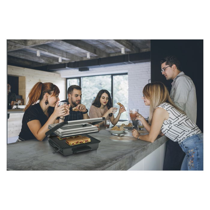 Tefal Tischgrill Inicio GC242D12, Grill de Mesa Negro y Acero Inoxidable, 740 cm², 2000W, Tapa con Bisagra