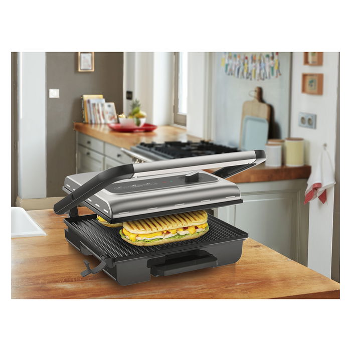Tefal Tischgrill Inicio GC242D12, Grill de Mesa Negro y Acero Inoxidable, 740 cm², 2000W, Tapa con Bisagra