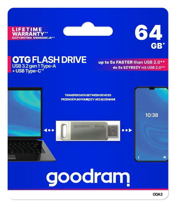 Goodram ODA3 Pendrive USB 64 GB Plata USB Type-A/Type-C 3.2 Gen 1 con Velocidad de Lectura 60 MB/s y Diseño Giratorio de Metal