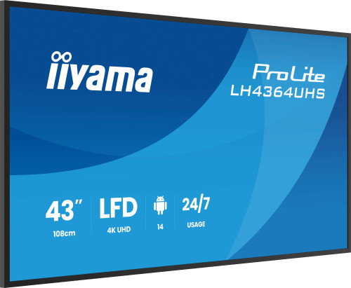 Iiyama LH4364UHS-B1AG Monitor 43" UHD 3840x2160 VA DLED 500cd/m², Android 14 OS, Operación 24/7, Incluye Soporte Pared