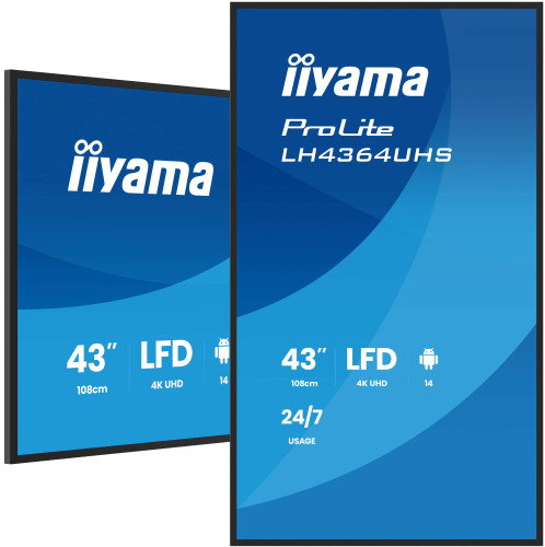 Iiyama LH4364UHS-B1AG Monitor 43" UHD 3840x2160 VA DLED 500cd/m², Android 14 OS, Operación 24/7, Incluye Soporte Pared