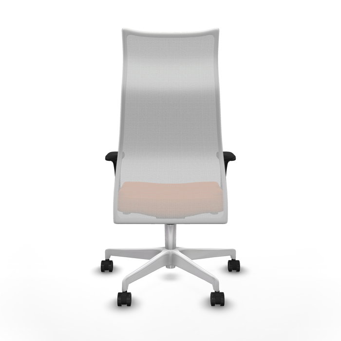 Sillón Albacete con mecanismo Sincro tapizada con Tela color Naranja y malla color Blanco. Equipado con Base poliamida blanca, Brazos 1D y Ruedas 65mm nailon
