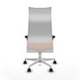 Sillón Albacete con mecanismo Sincro tapizada con Tela color Naranja y malla color Blanco. Equipado con Base poliamida blanca, Brazos 1D y Ruedas 65mm nailon